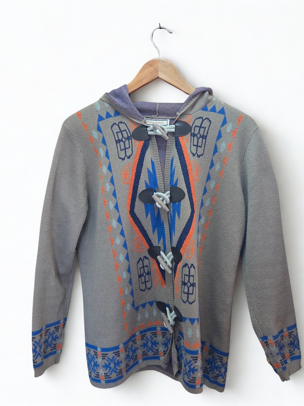 Tan Hooded Toggle Sweater with Blue & Orange Aztec Pattern